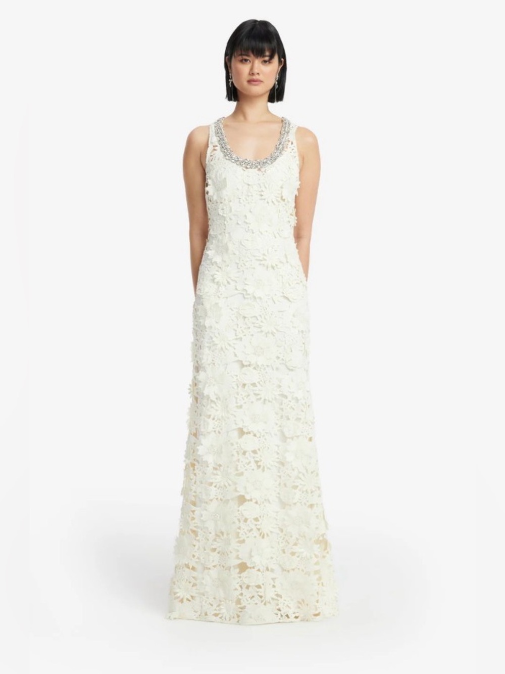 LEO LIN Helena Ivory 3D Floral Lace Crystal Embellished Maxi Gown Dress